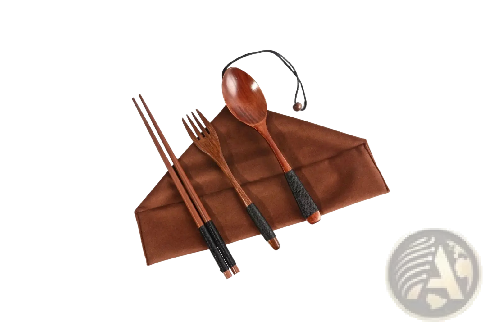 Wooden cutlery set 4 piece reusable travel utensils with black textured handles including chopsticks fork and spoon