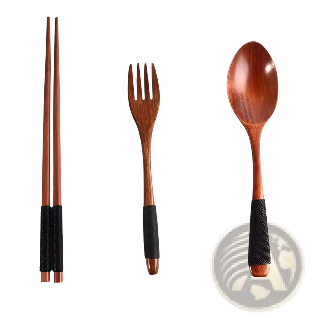 Set of three wooden eating utensils with black textured grips from reusable travel cutlery set 4 piece