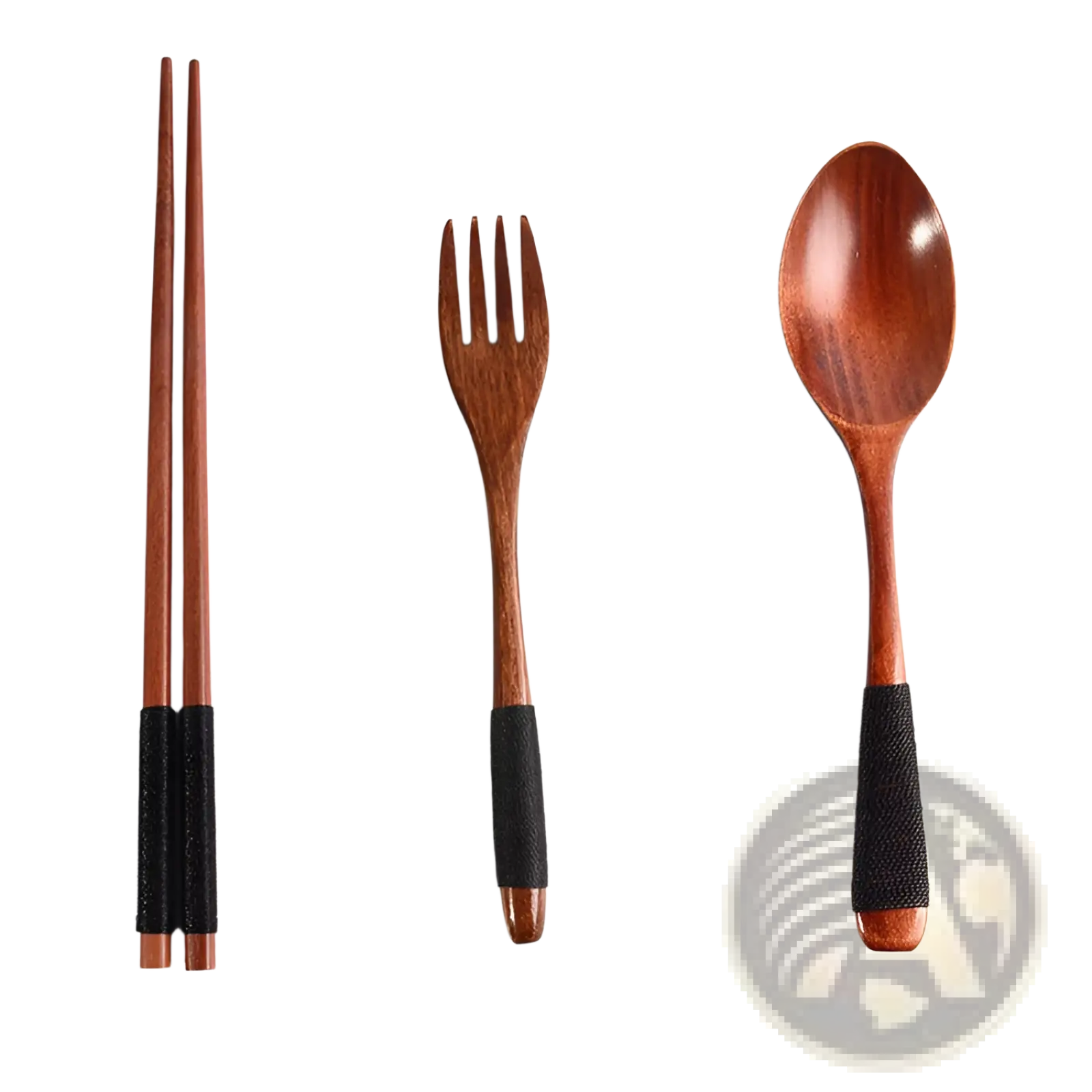 Set of three wooden eating utensils with black textured grips from reusable travel cutlery set 4 piece