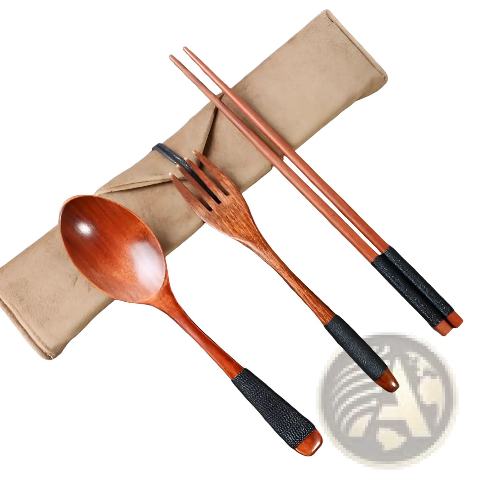 Wooden cutlery set with black textured grips and brown fabric case reusable travel utensils four piece set