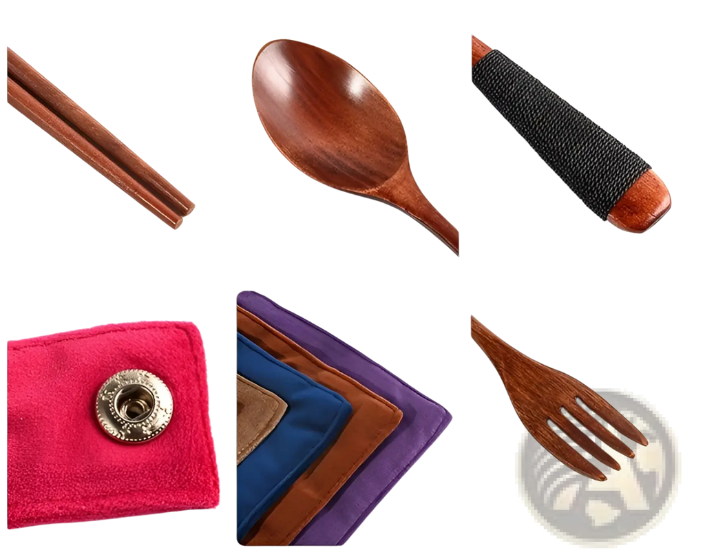 Wooden cutlery set 4 piece reusable travel utensils with rich brown wood grain handles and colorful velvet napkins