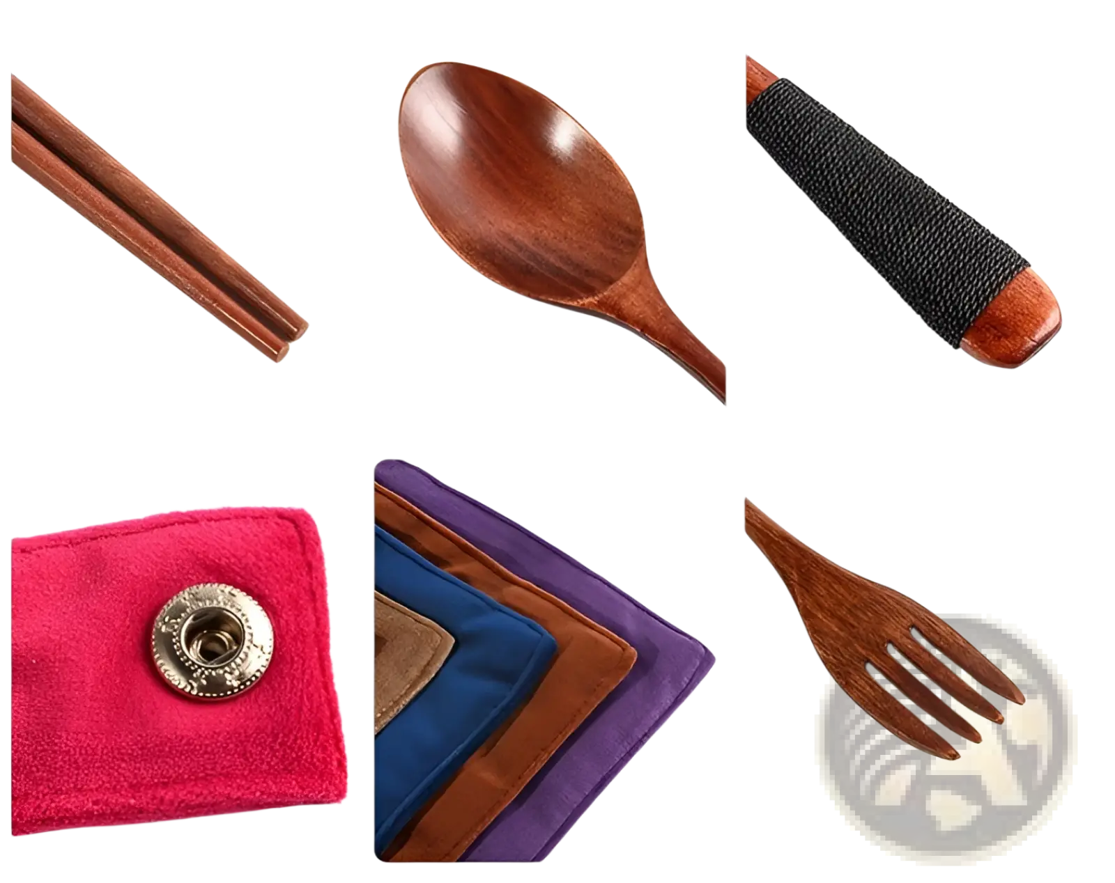 Wooden cutlery set 4 piece reusable travel utensils with rich brown wood grain handles and colorful velvet napkins