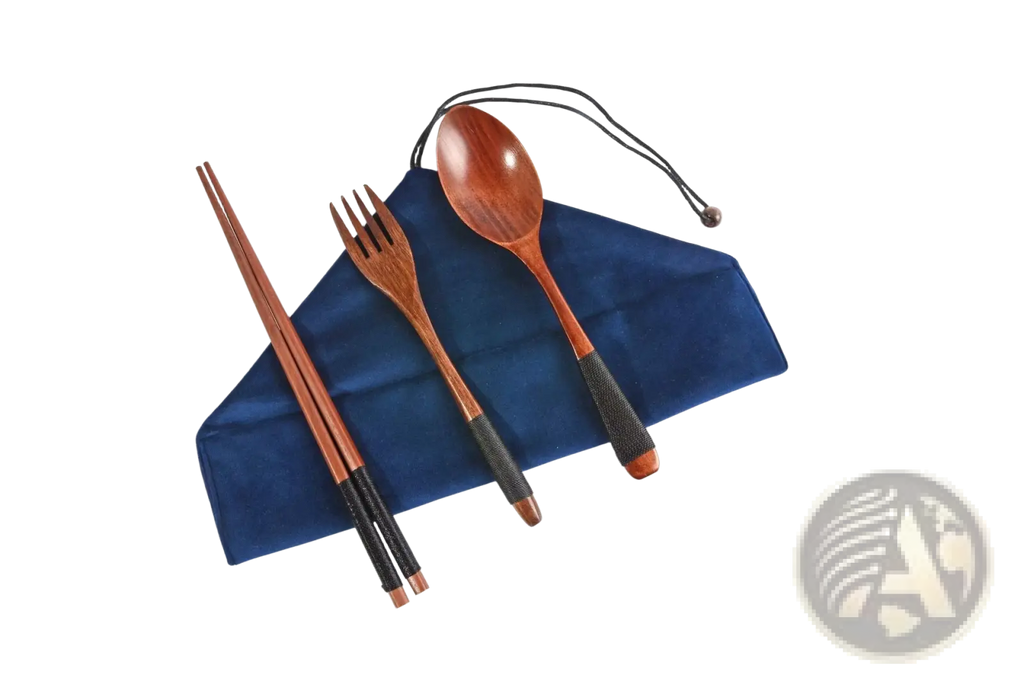 Wooden cutlery set 4 piece reusable travel utensils with black textured grips and navy blue carrying pouch