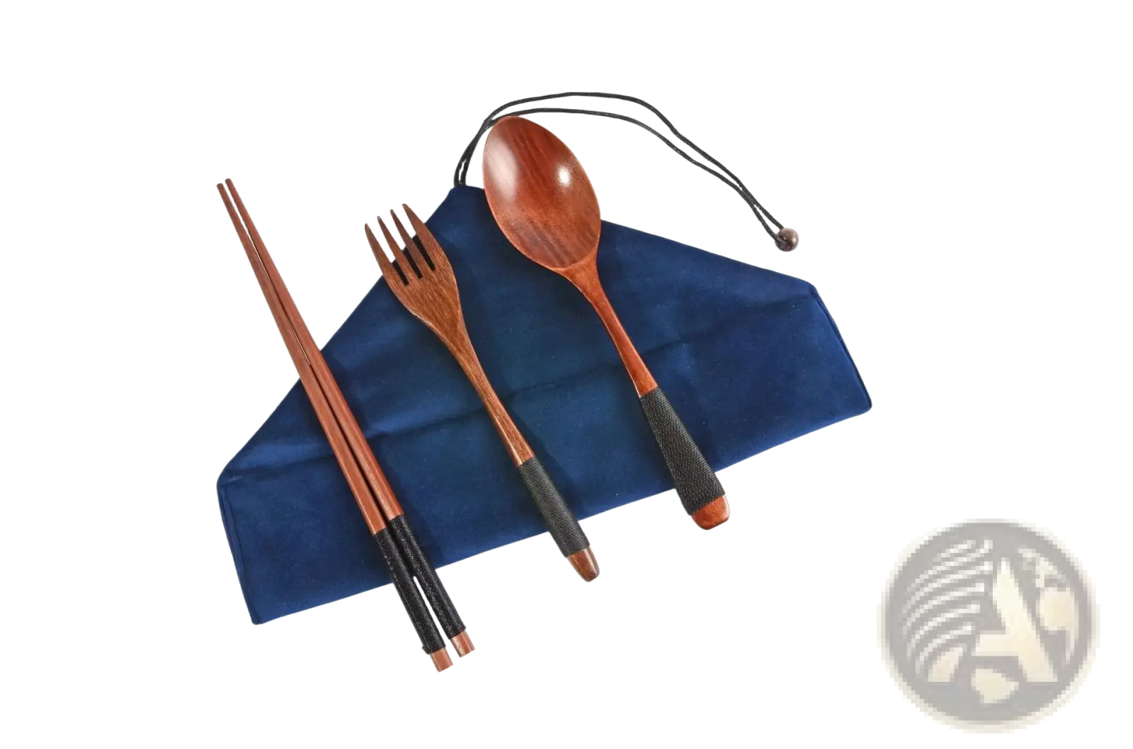 Wooden cutlery set 4 piece reusable travel utensils with black textured grips and navy blue carrying pouch