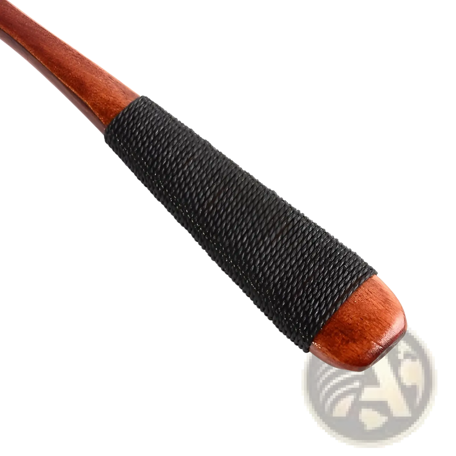 Wooden cutlery set 4 piece reusable travel utensils with polished reddish brown handle and textured black woven grip