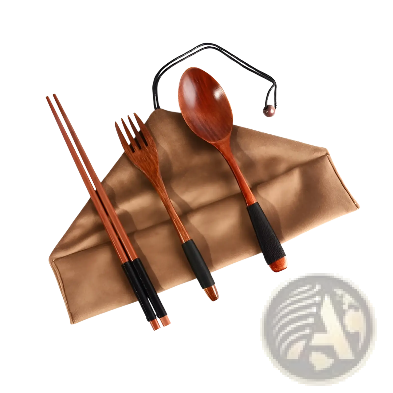 Wooden cutlery set 4 piece reusable travel utensils with black rubberized grips and brown fabric carrying pouch