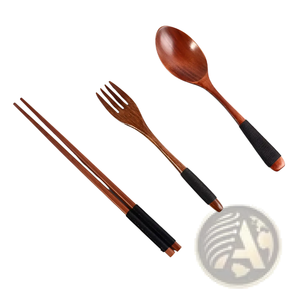 Wooden cutlery set 4 piece reusable travel utensils with black textured grip bands on handles made of wood