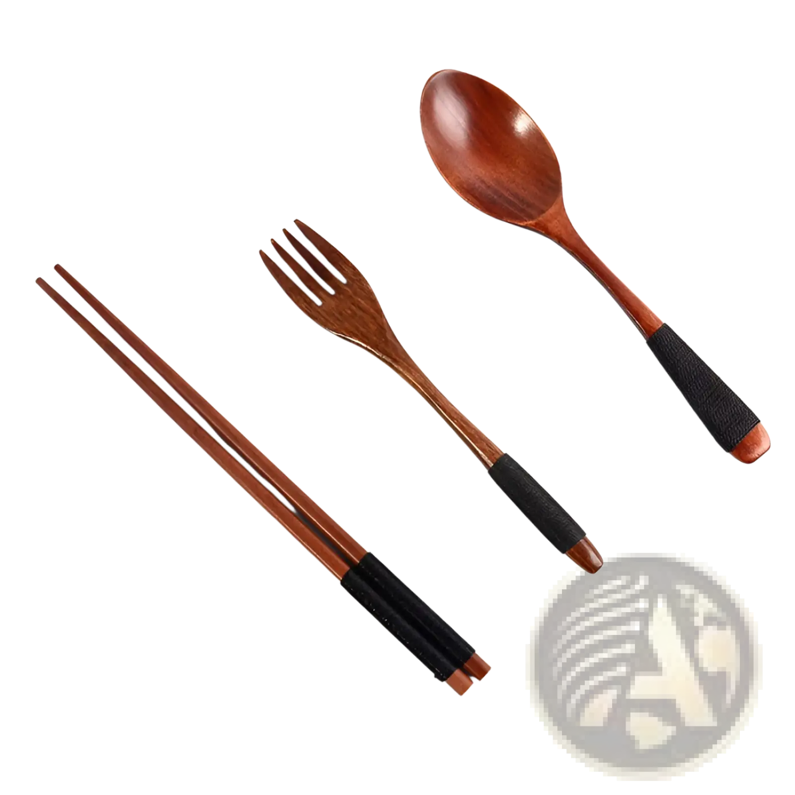 Wooden cutlery set 4 piece reusable travel utensils with black textured grip bands on handles made of wood