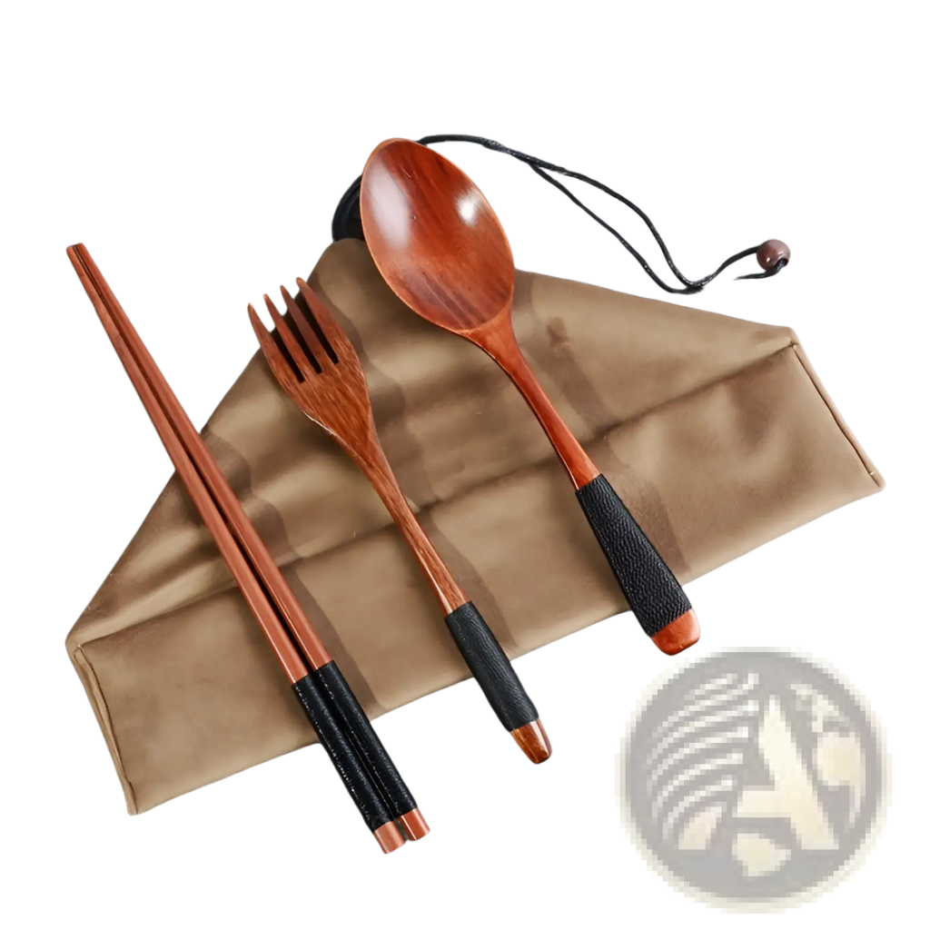 Wooden cutlery set 4 piece reusable travel utensils with black grips and copper tips including chopsticks fork and spoon