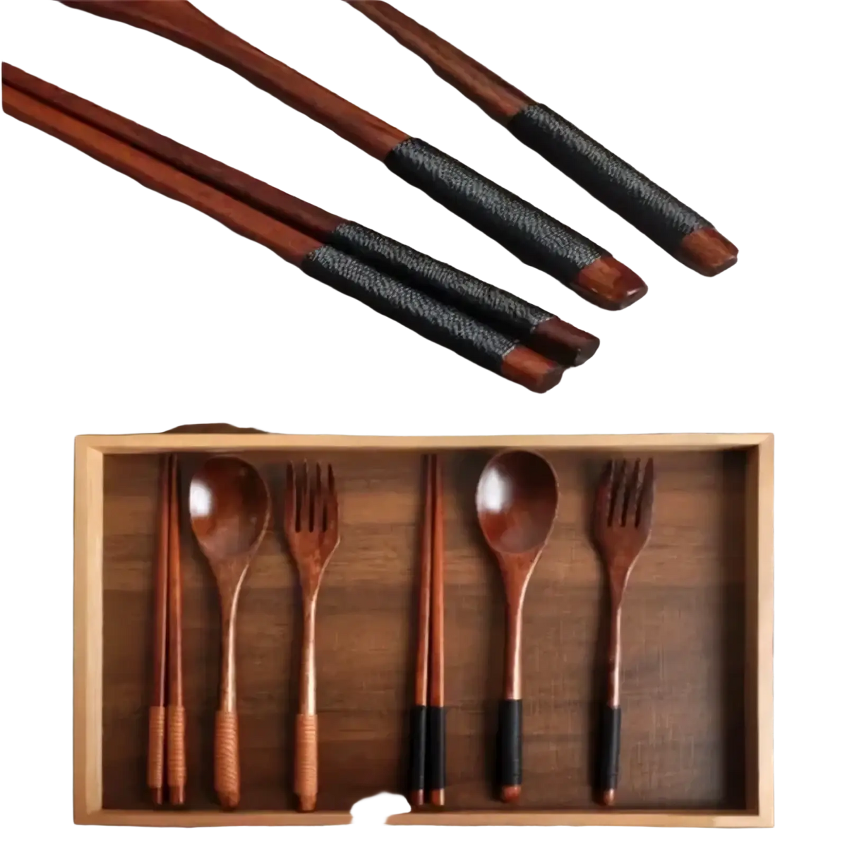 Wooden cutlery set with black textured grip chopsticks spoons and forks in a light wood tray for dining use