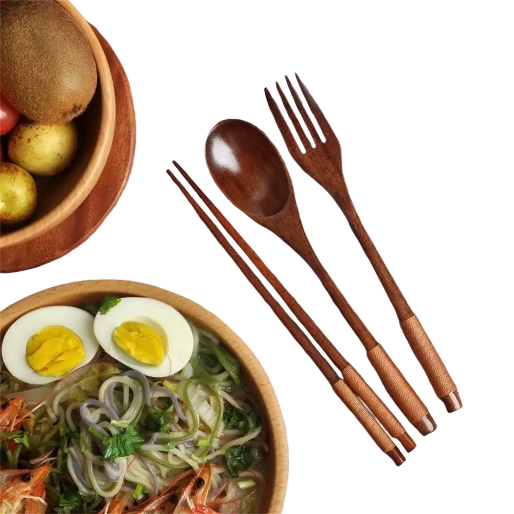 Wooden cutlery set including fork spoon and chopsticks with a rich dark brown finish and polished surfaces
