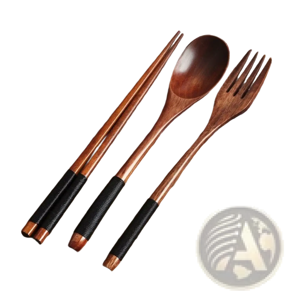 Set of wooden cutlery including fork spoon and chopsticks with black textured handles for dining use