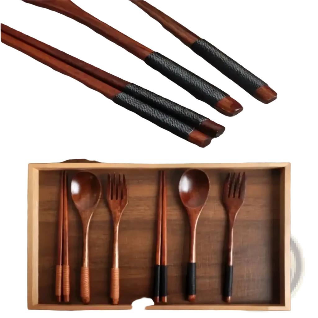 Wooden cutlery set with black textured grip chopsticks spoons and forks in a light wood tray for dining use