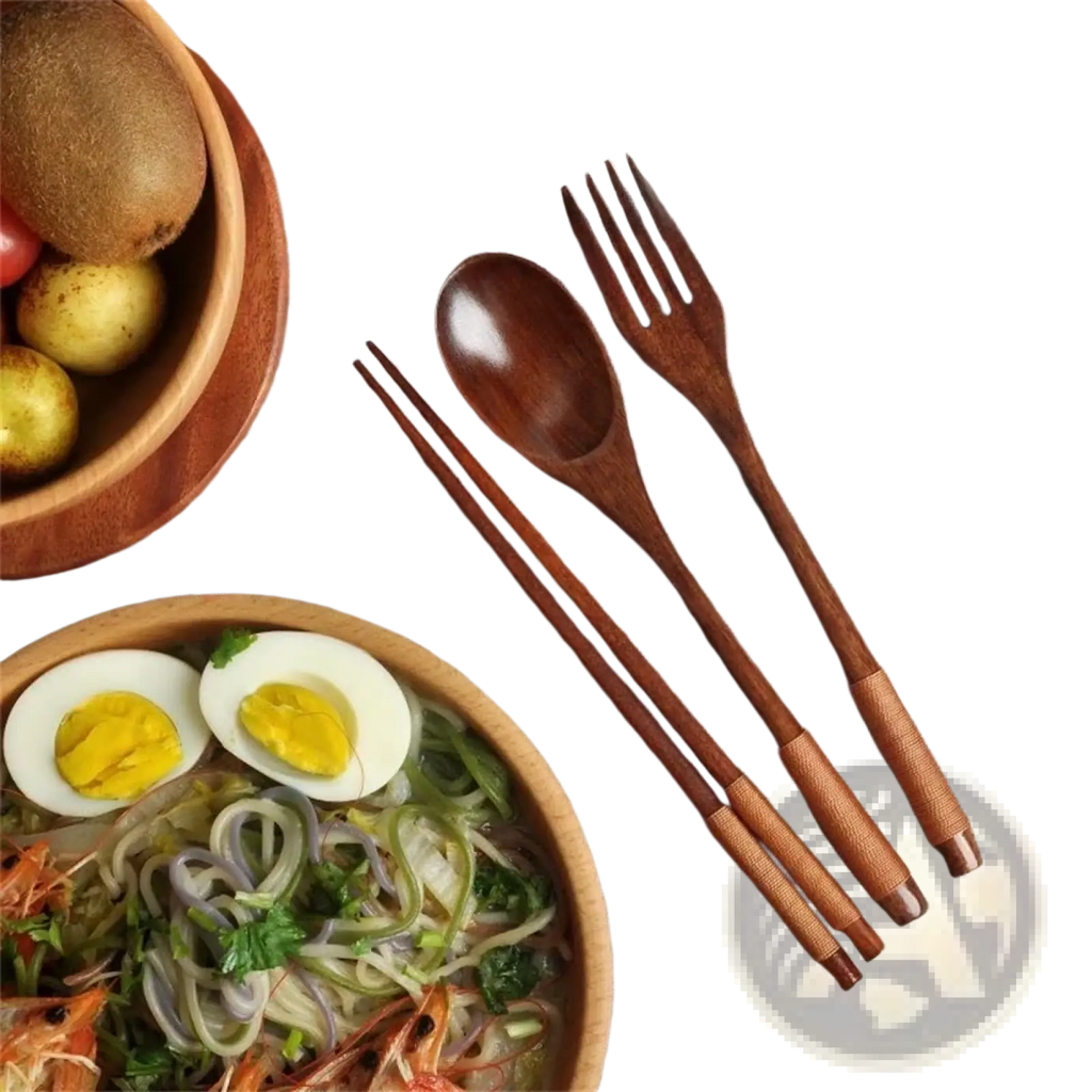 Wooden cutlery set including fork spoon and chopsticks with a rich dark brown finish and polished surfaces