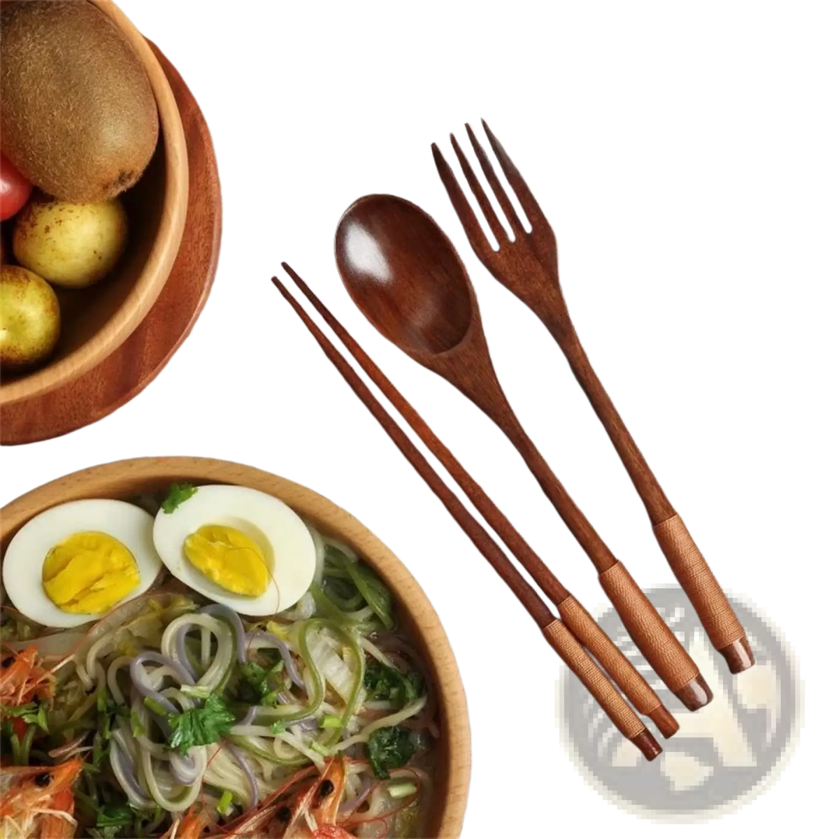 Wooden cutlery set including fork spoon and chopsticks with a rich dark brown finish and polished surfaces