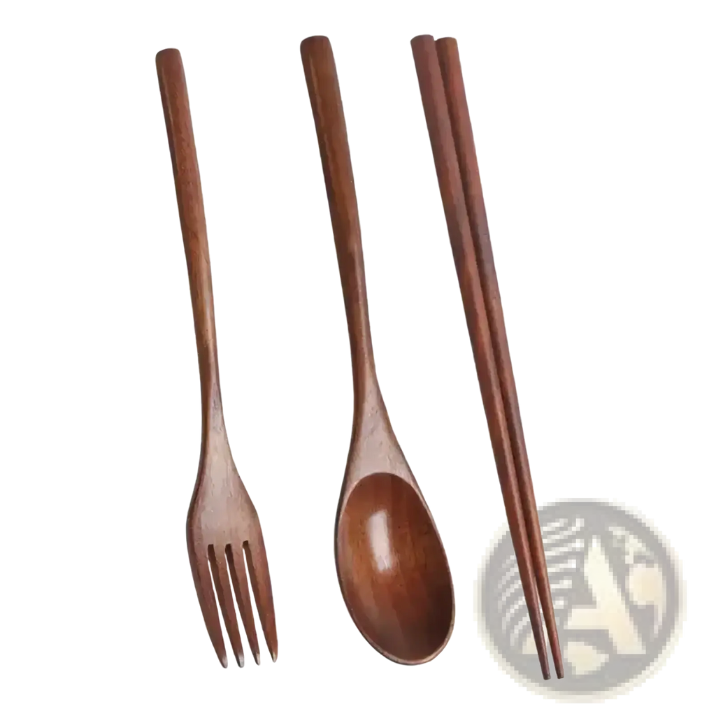 Set of three wooden utensils fork spoon and chopsticks with smooth rich brown finish for dining use