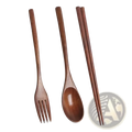 Set of three wooden utensils fork spoon and chopsticks with smooth rich brown finish for dining use