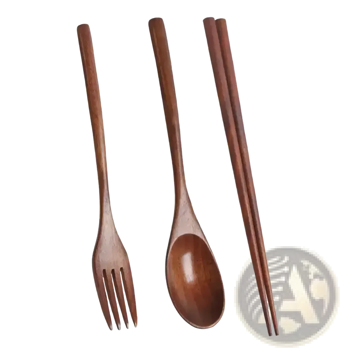 Set of three wooden utensils fork spoon and chopsticks with smooth rich brown finish for dining use