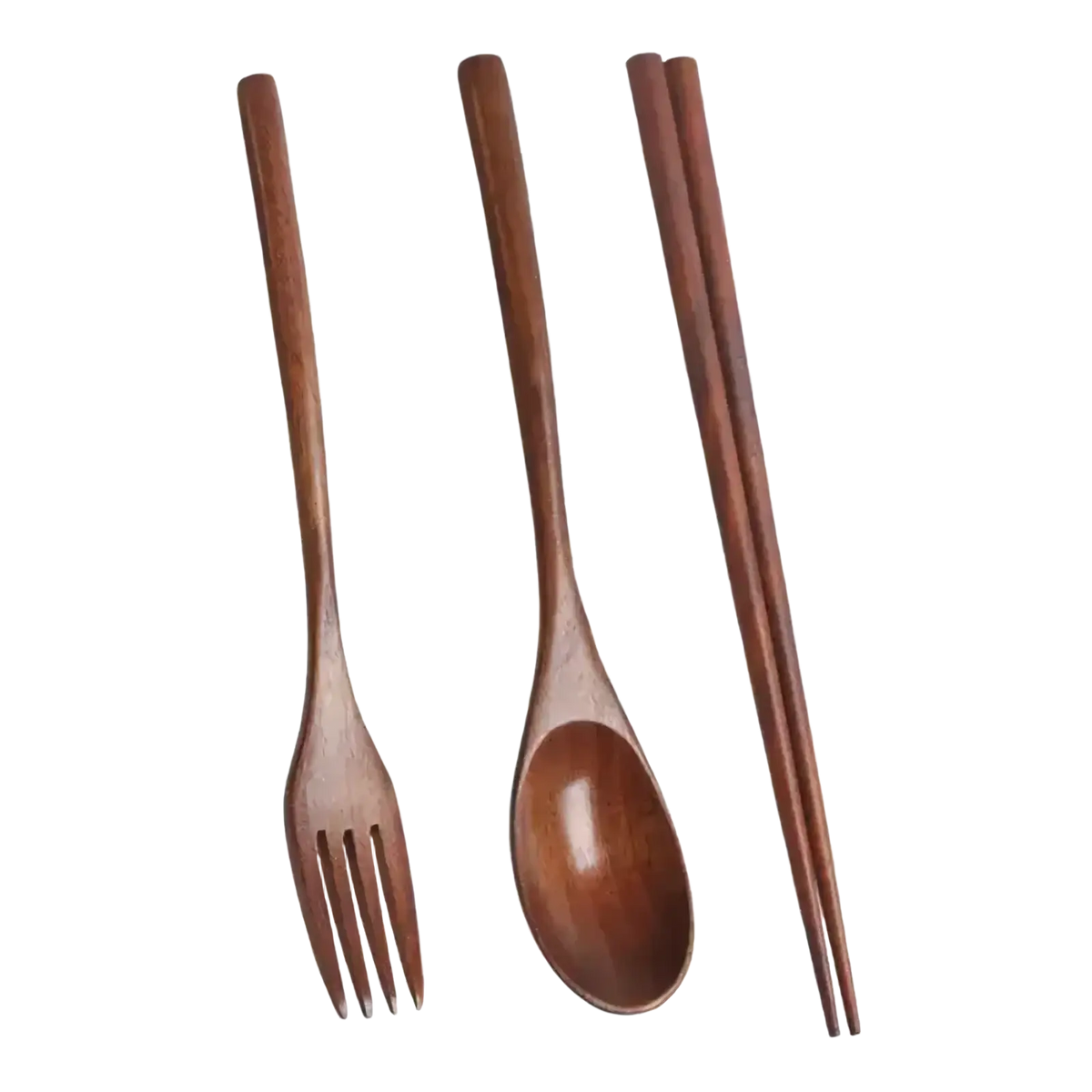 Set of three wooden utensils fork spoon and chopsticks with smooth rich brown finish for dining use