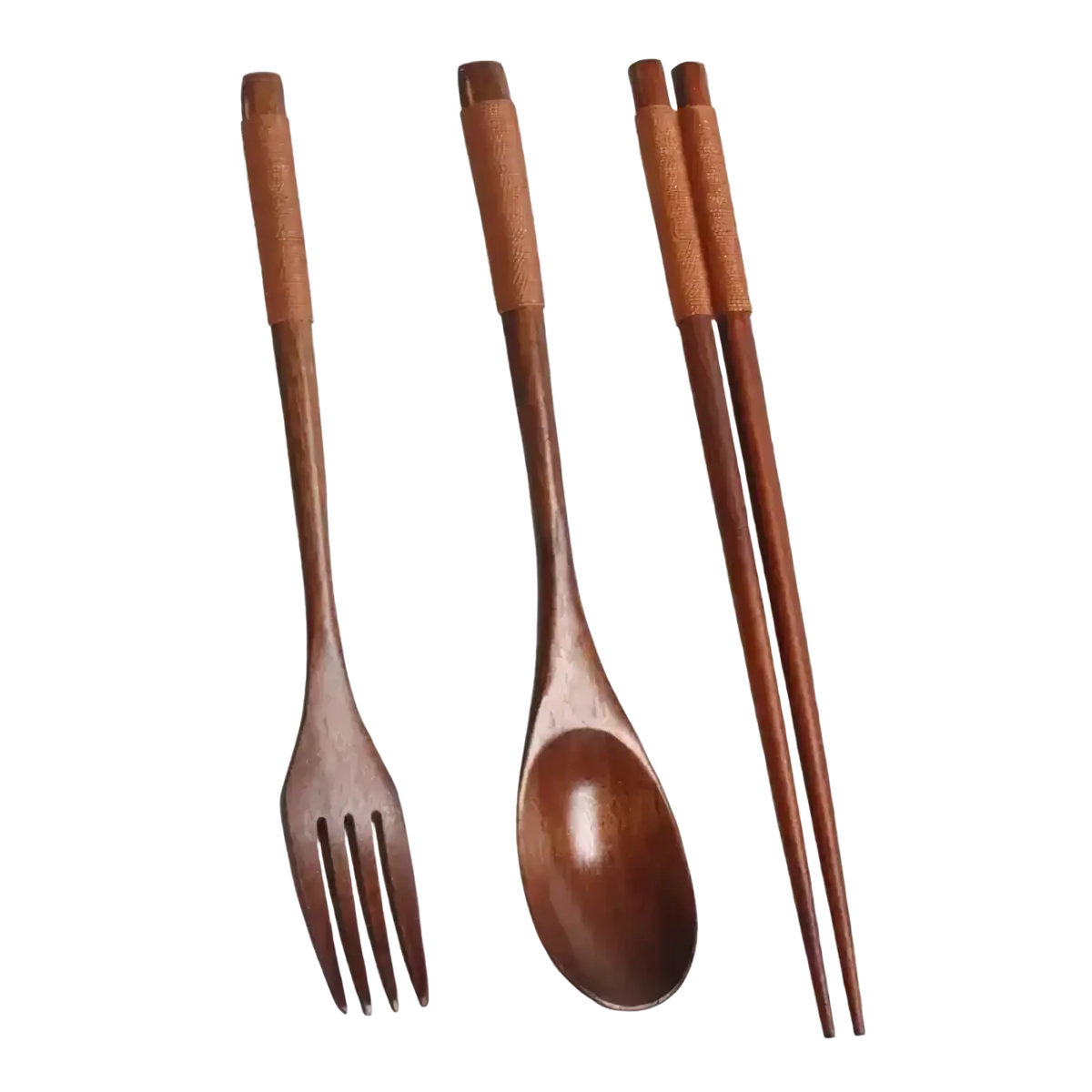 Wooden cutlery set of fork spoon and chopsticks with textured brown handles and polished wood surfaces