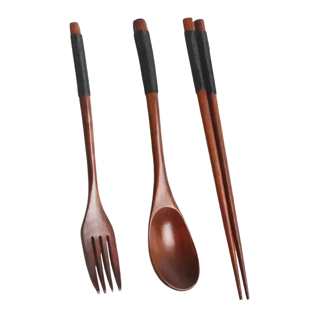Set of wooden cutlery including fork spoon and chopsticks with black textured grips for comfortable use