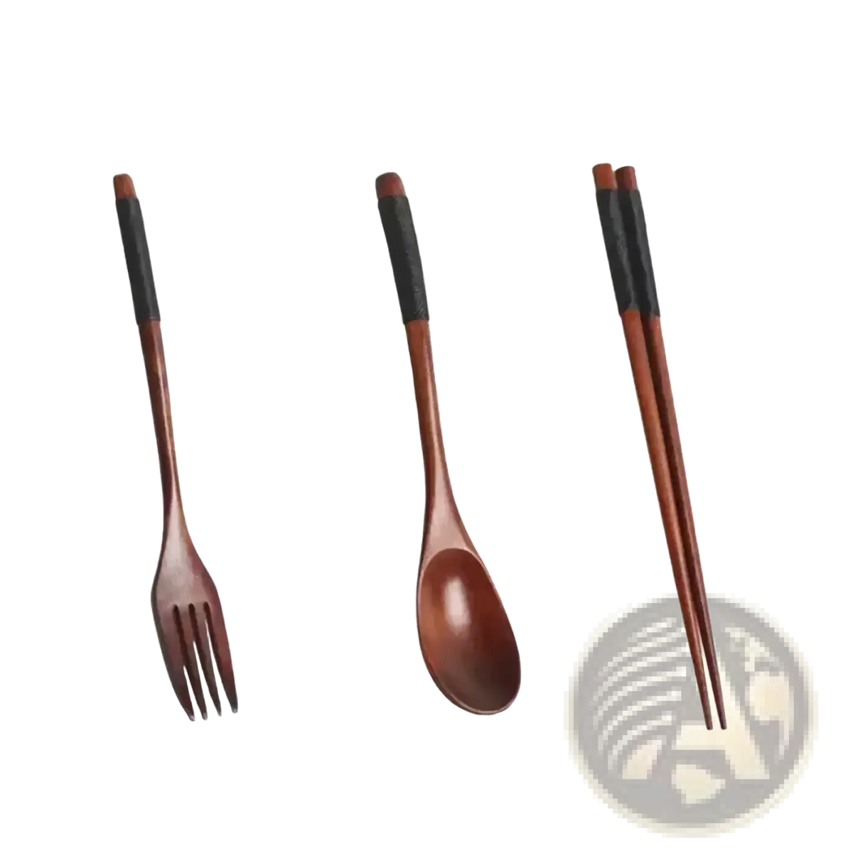 Set of three wooden utensils with black textured handles including a fork spoon and chopsticks for dining use