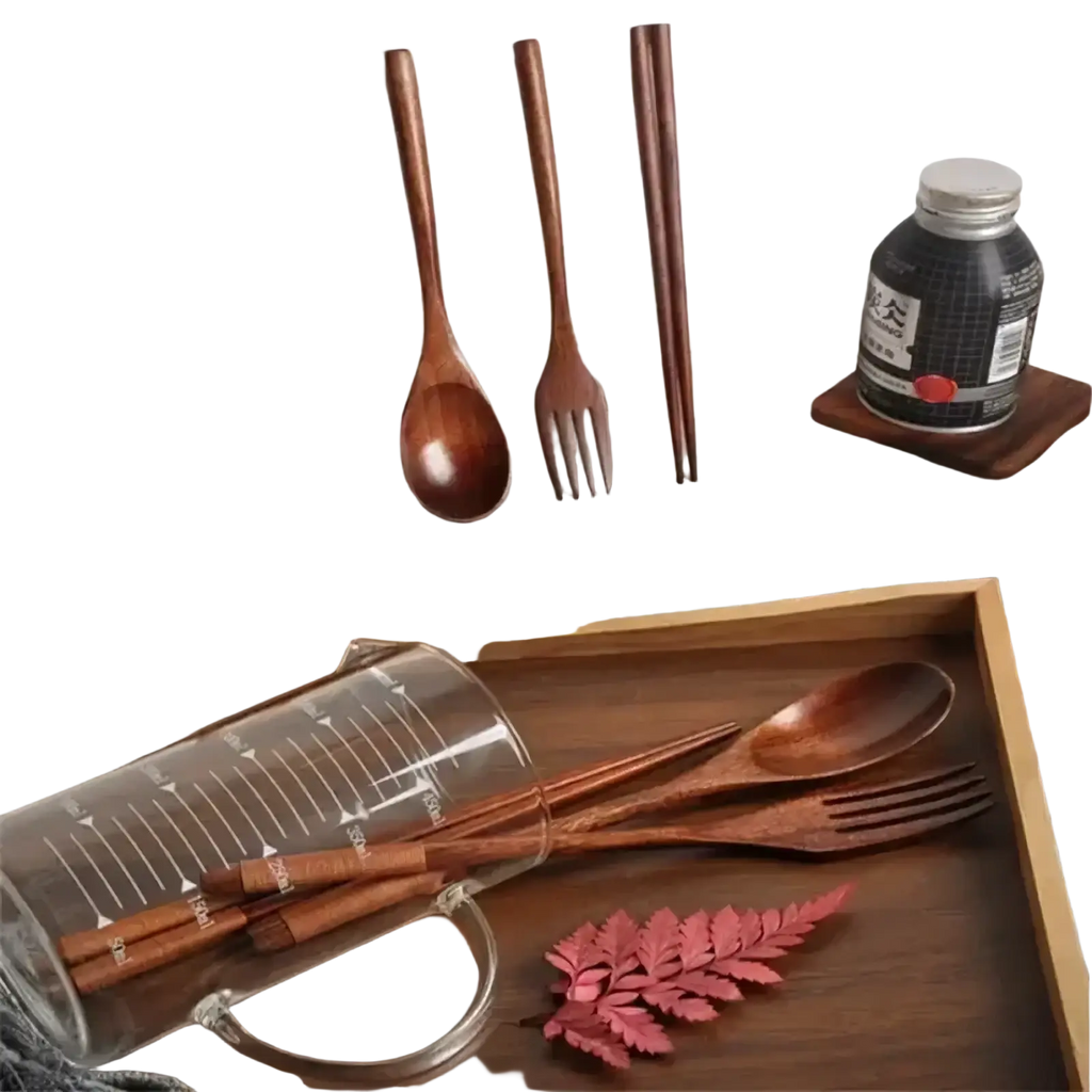 Wooden cutlery set with fork spoon and chopsticks featuring a warm natural finish and smooth ergonomic handles