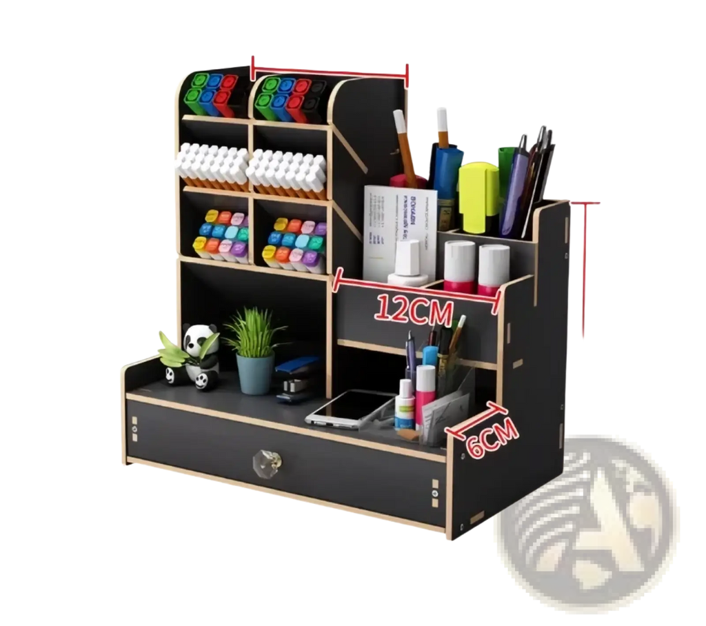 Black multi-compartment wooden desk organizer with drawer and natural wooden accents for office or home use