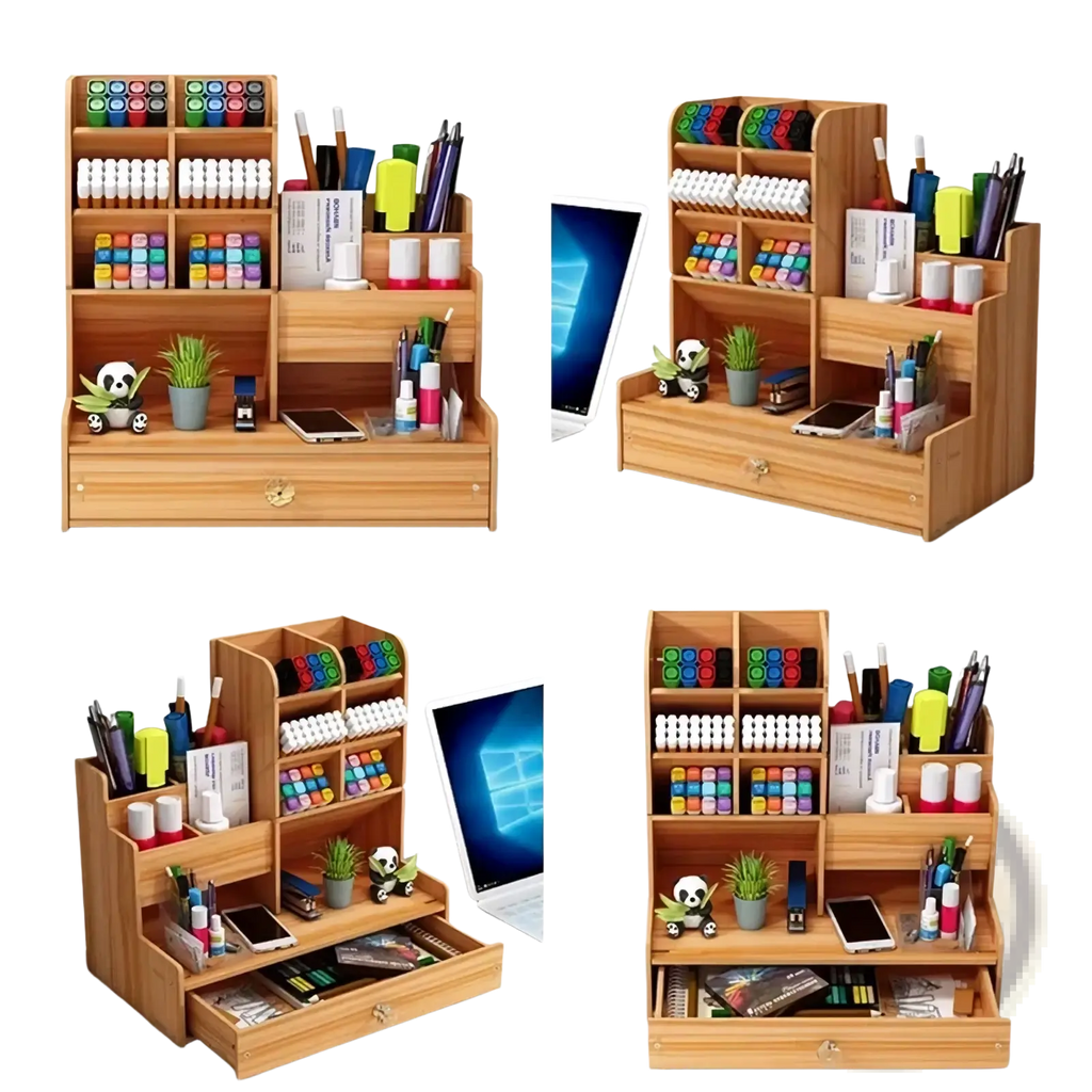 Light brown wooden desk organizer with multiple compartments and drawer for office or home use
