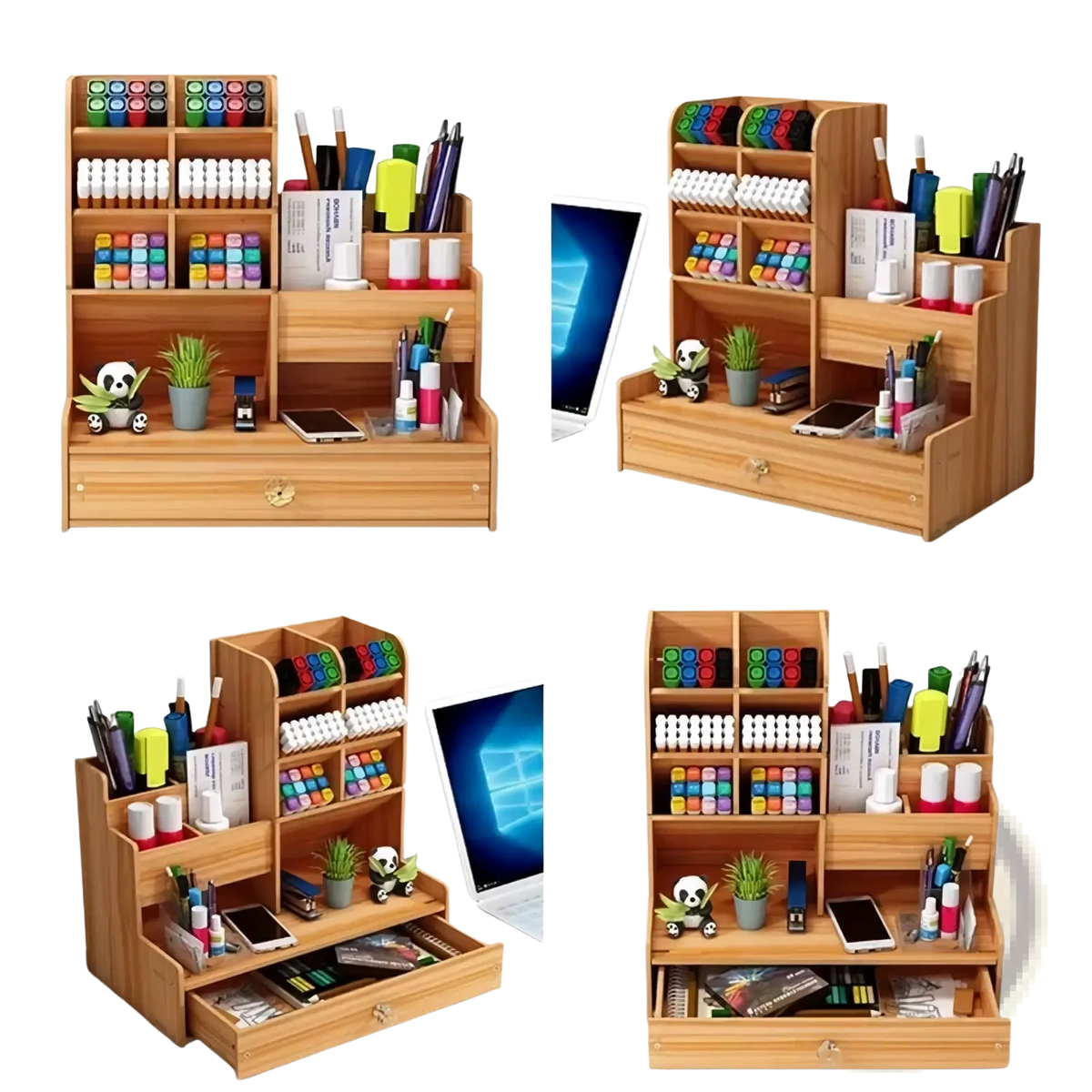 Light brown wooden desk organizer with multiple compartments and drawer for office or home use