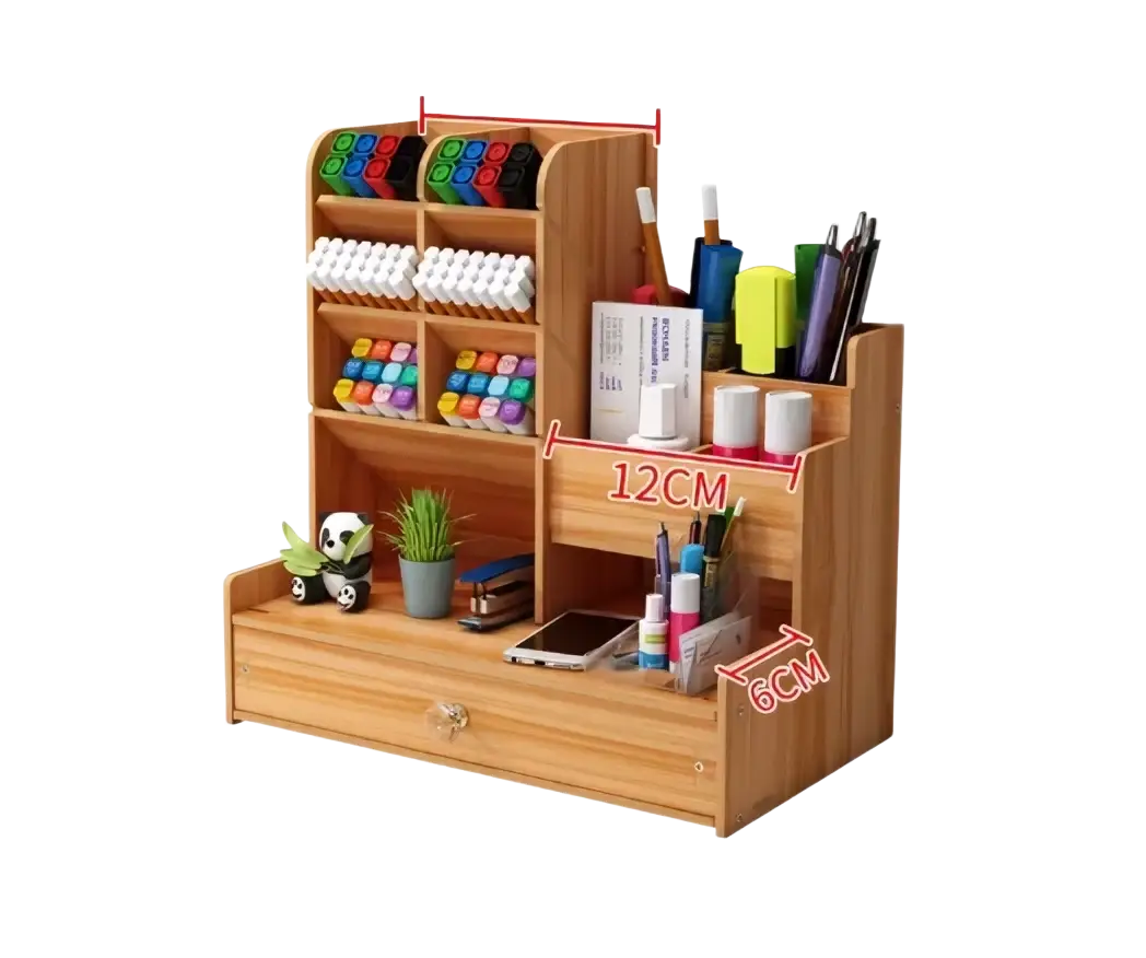 Light brown wooden desk organizer with drawer featuring multiple compartments holding pens markers and decor items