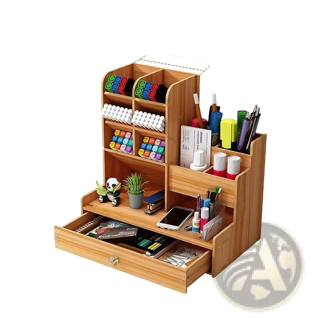 Light brown wooden desk organizer with multiple compartments and a drawer for office or home use