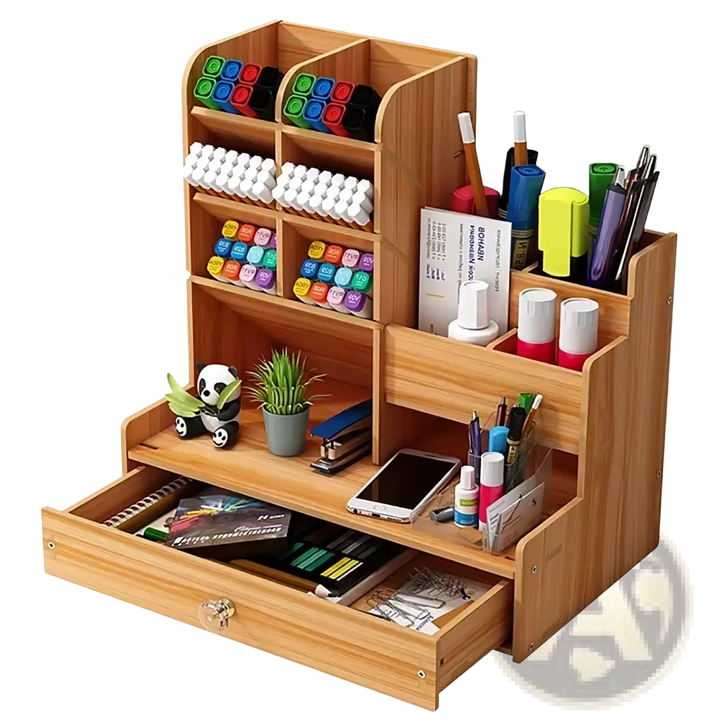 Light brown wooden desk organizer with drawer featuring multiple compartments holding markers pens and stationery
