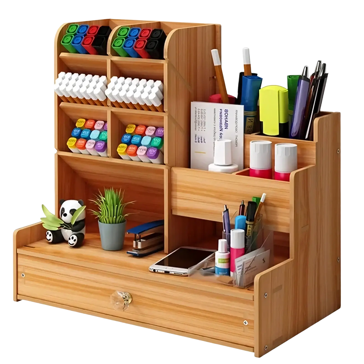 Wooden desk organizer with drawer in light wood featuring multiple compartments holding markers pens and office supplies