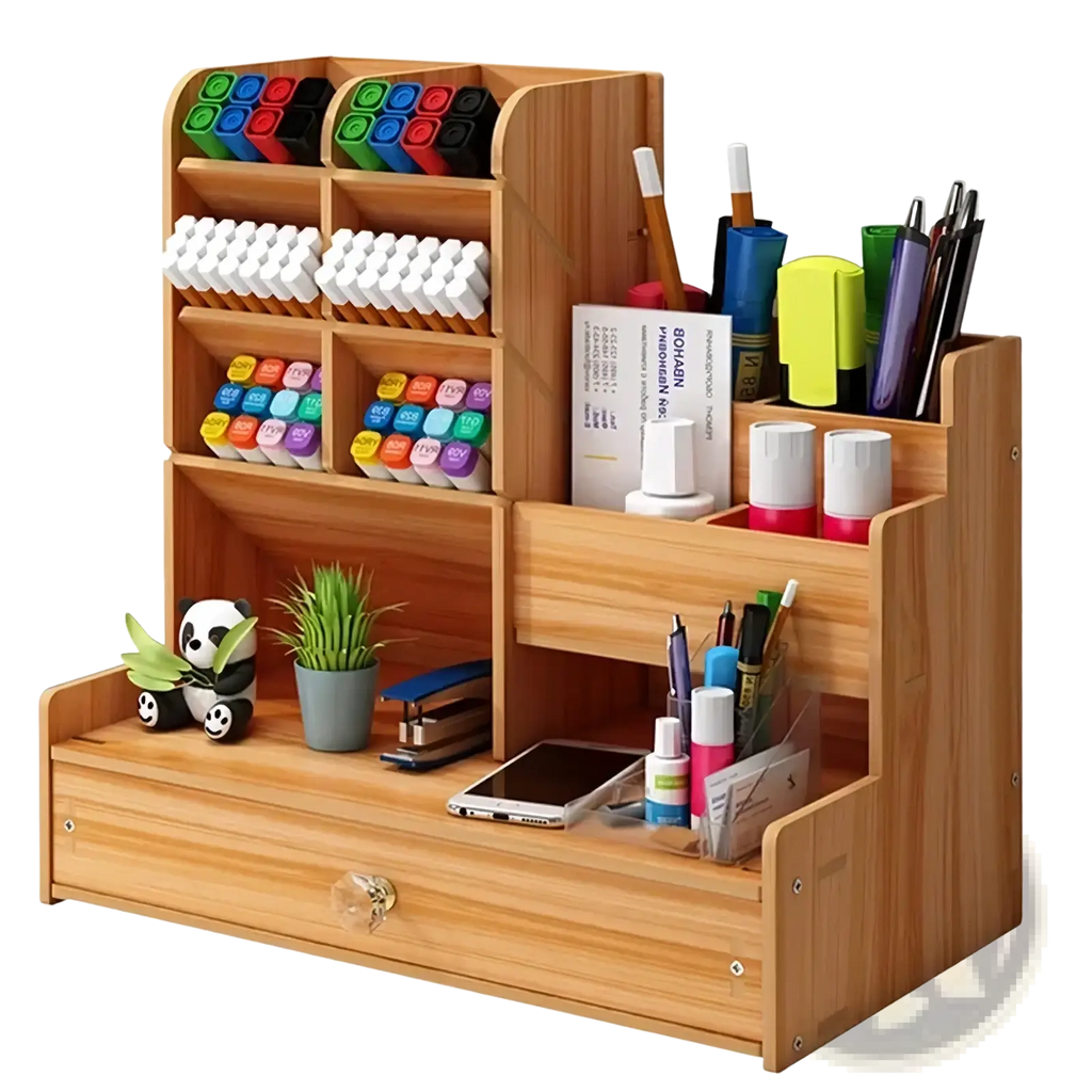 Wooden desk organizer with drawer in light wood featuring multiple compartments holding markers pens and office supplies