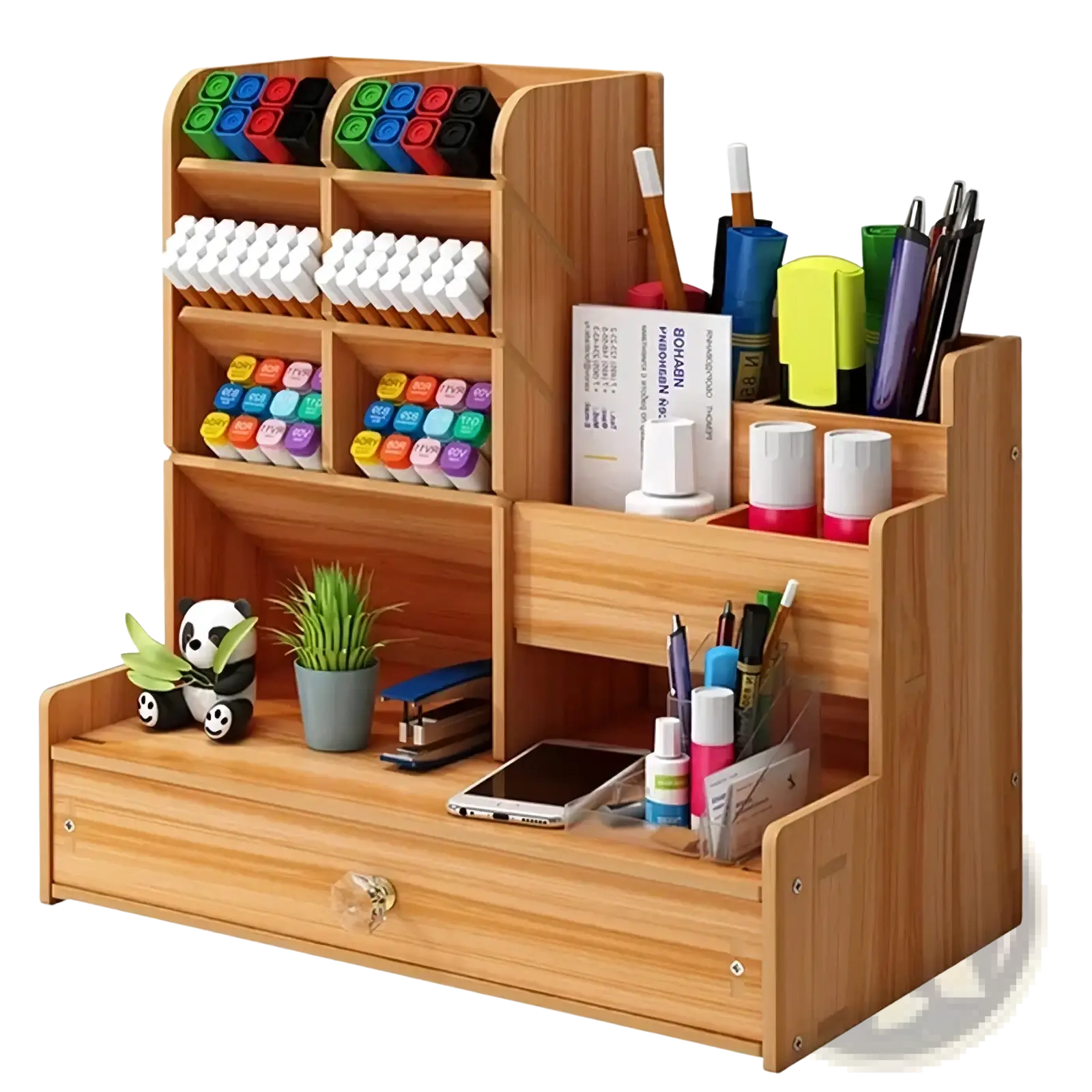 Wooden desk organizer with drawer in light wood featuring multiple compartments holding markers pens and office supplies