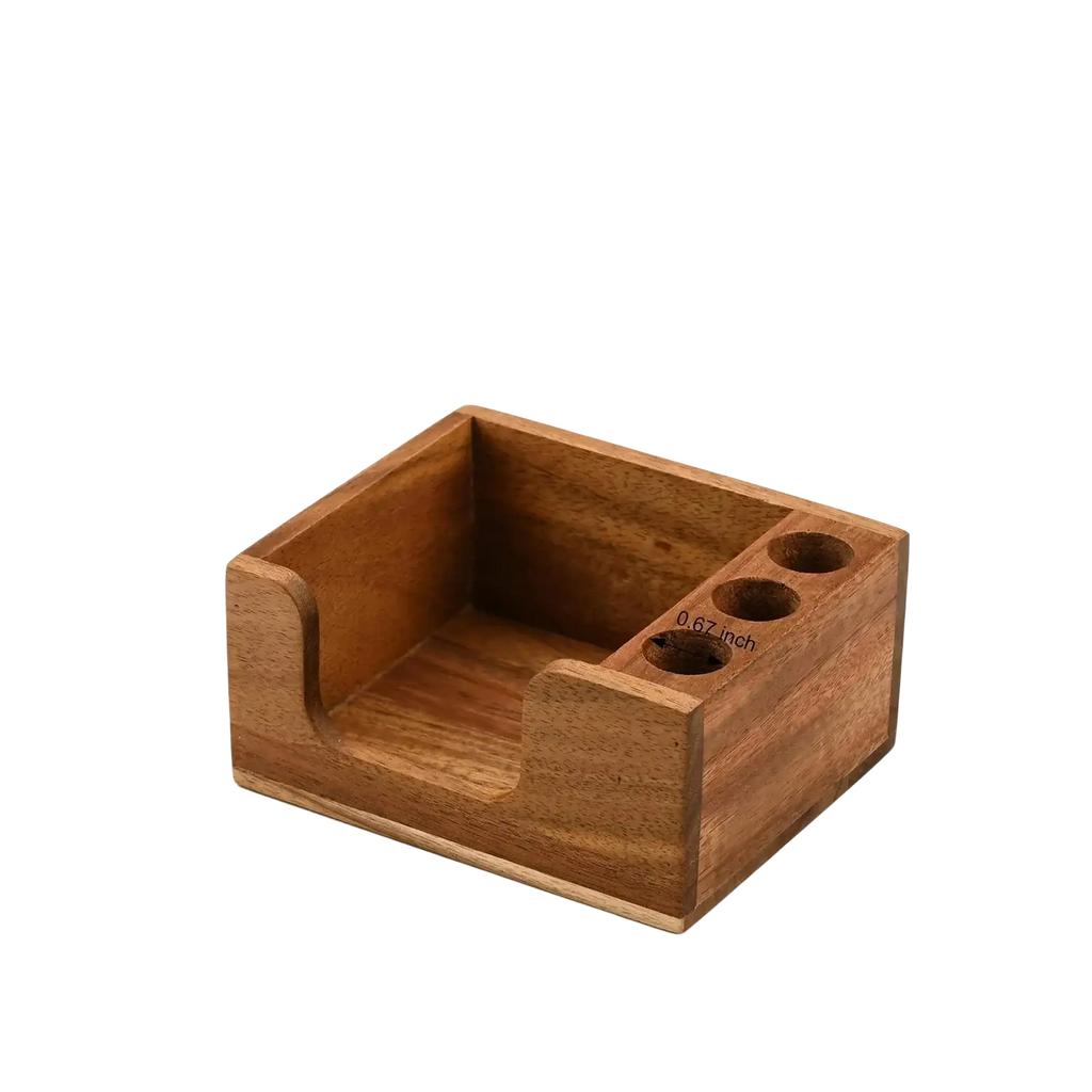 Compact solid wood wooden desk organizer with three circular pen or pencil slots for efficient desk use