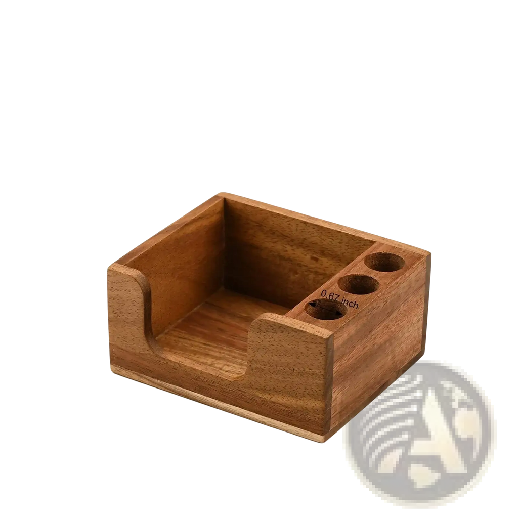 Compact solid wood wooden desk organizer with three circular pen or pencil slots for efficient desk use