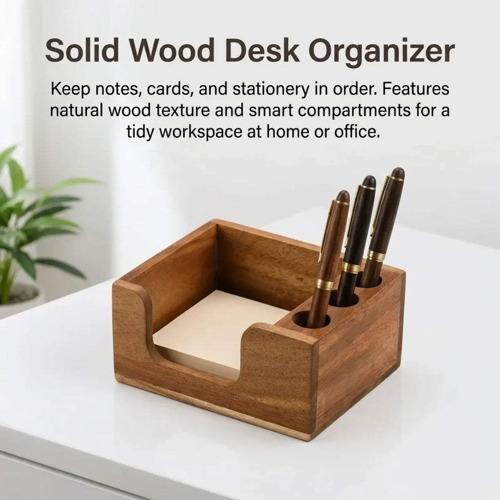 Solid wood desk organizer with natural grain finish and integrated pen holders for efficient workspace organization