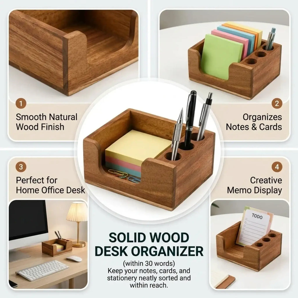 Solid wood desk organizer with a smooth natural finish featuring integrated slots for pens and sticky notes