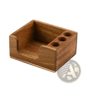 A warm-toned wooden desk organizer with three circular slots and a recessed area for holding pens and small items