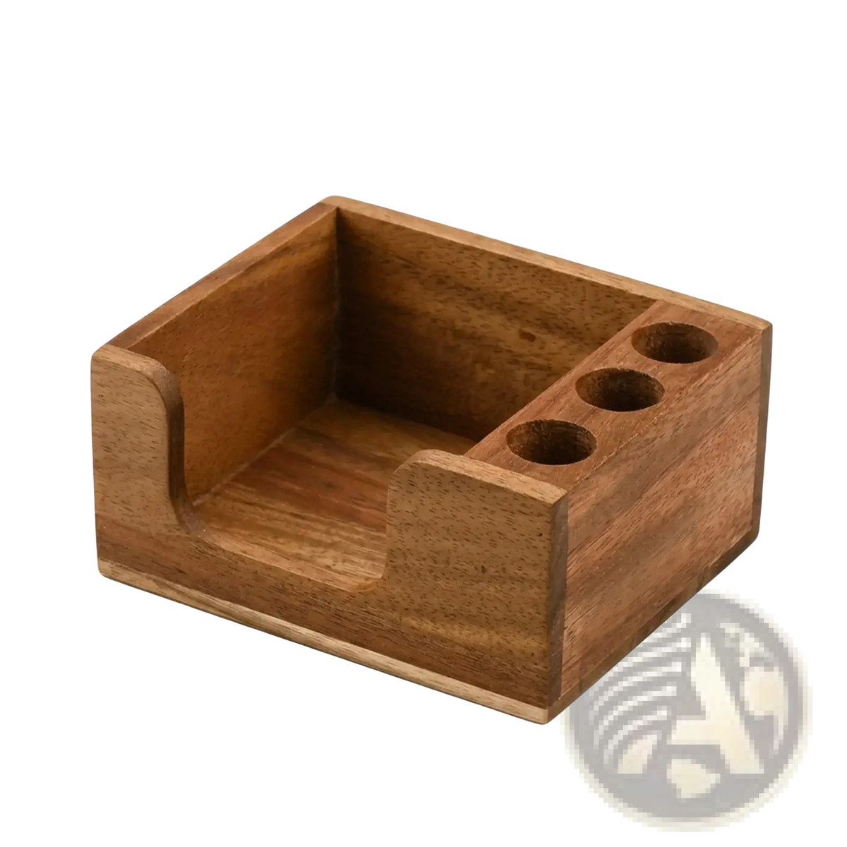 A warm-toned wooden desk organizer with three circular slots and a recessed area for holding pens and small items