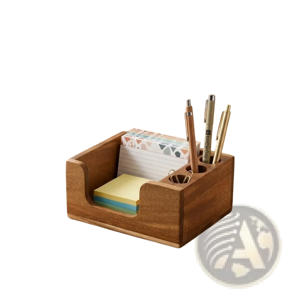 A warm-toned wooden desk organizer solid wood pen holder with integrated slots for pens paper clips and sticky notes
