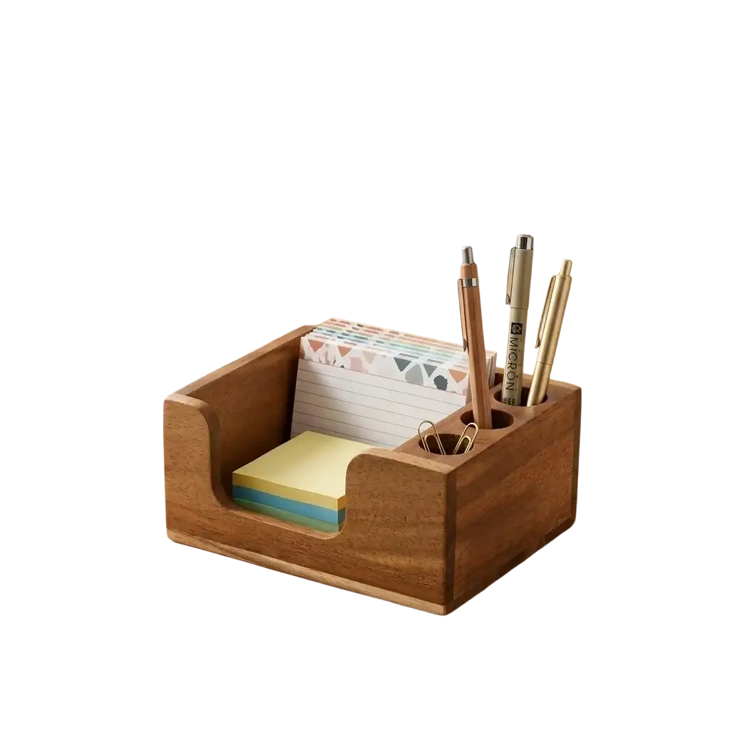 A warm-toned wooden desk organizer solid wood pen holder with integrated slots for pens paper clips and sticky notes
