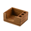 A warm-toned wooden desk organizer with three circular slots and a recessed area for holding pens and small items