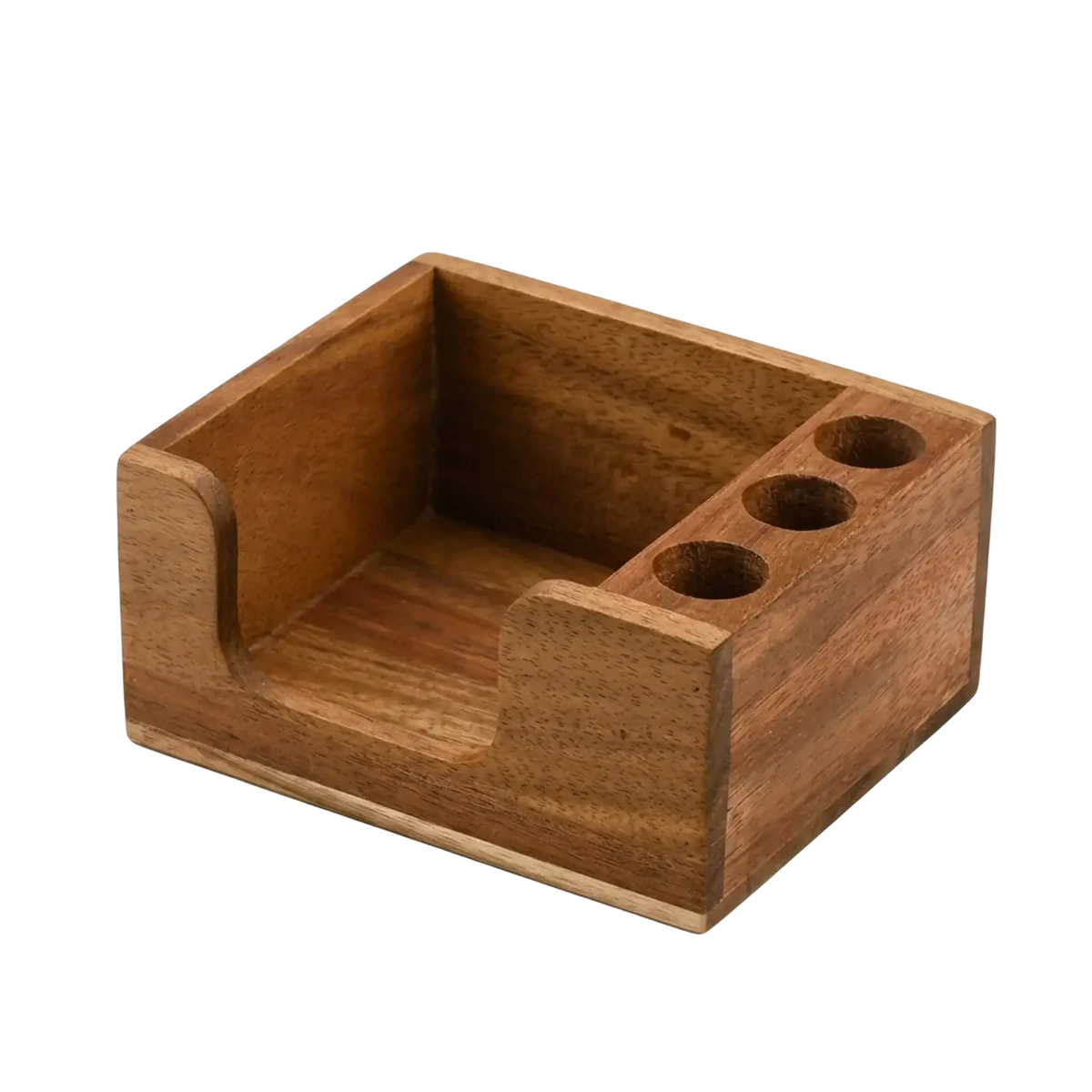 A warm-toned wooden desk organizer with three circular slots and a recessed area for holding pens and small items