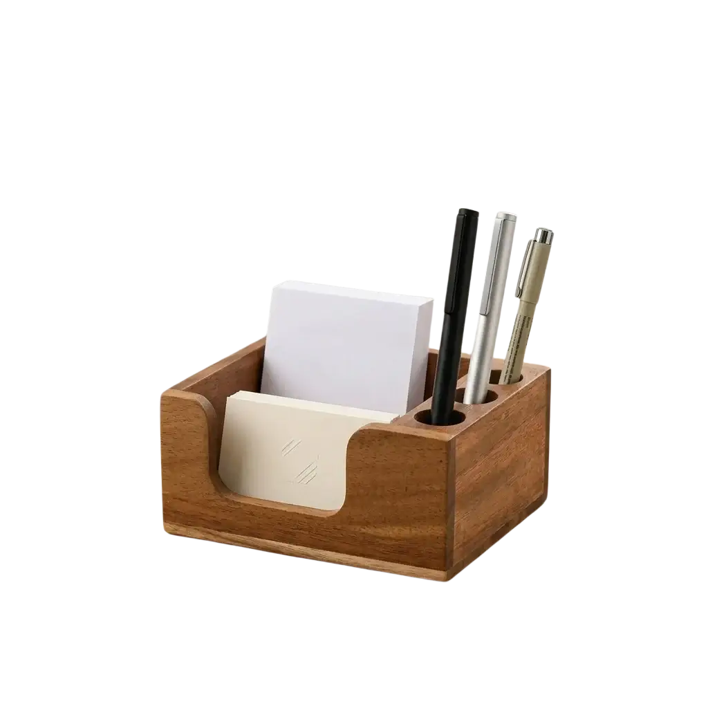 Warm-toned wooden desk organizer solid wood pen holder with integrated slots for pens and notepad compartment