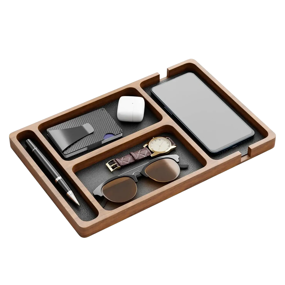 Brown wooden desktop charging organizer tray with segmented compartments holding various personal items