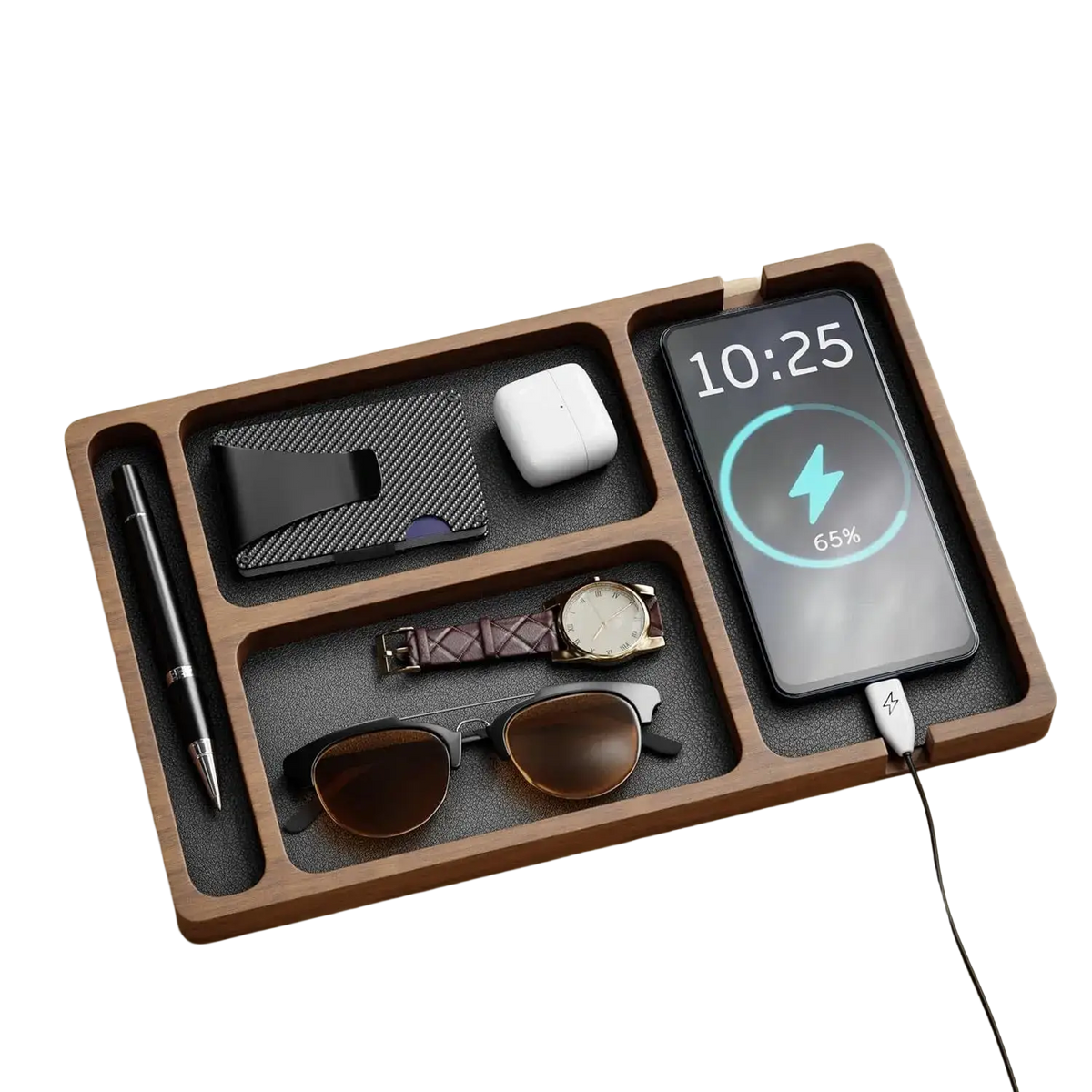Brown wooden desktop charging organizer tray with segmented compartments holding phone watch and accessories
