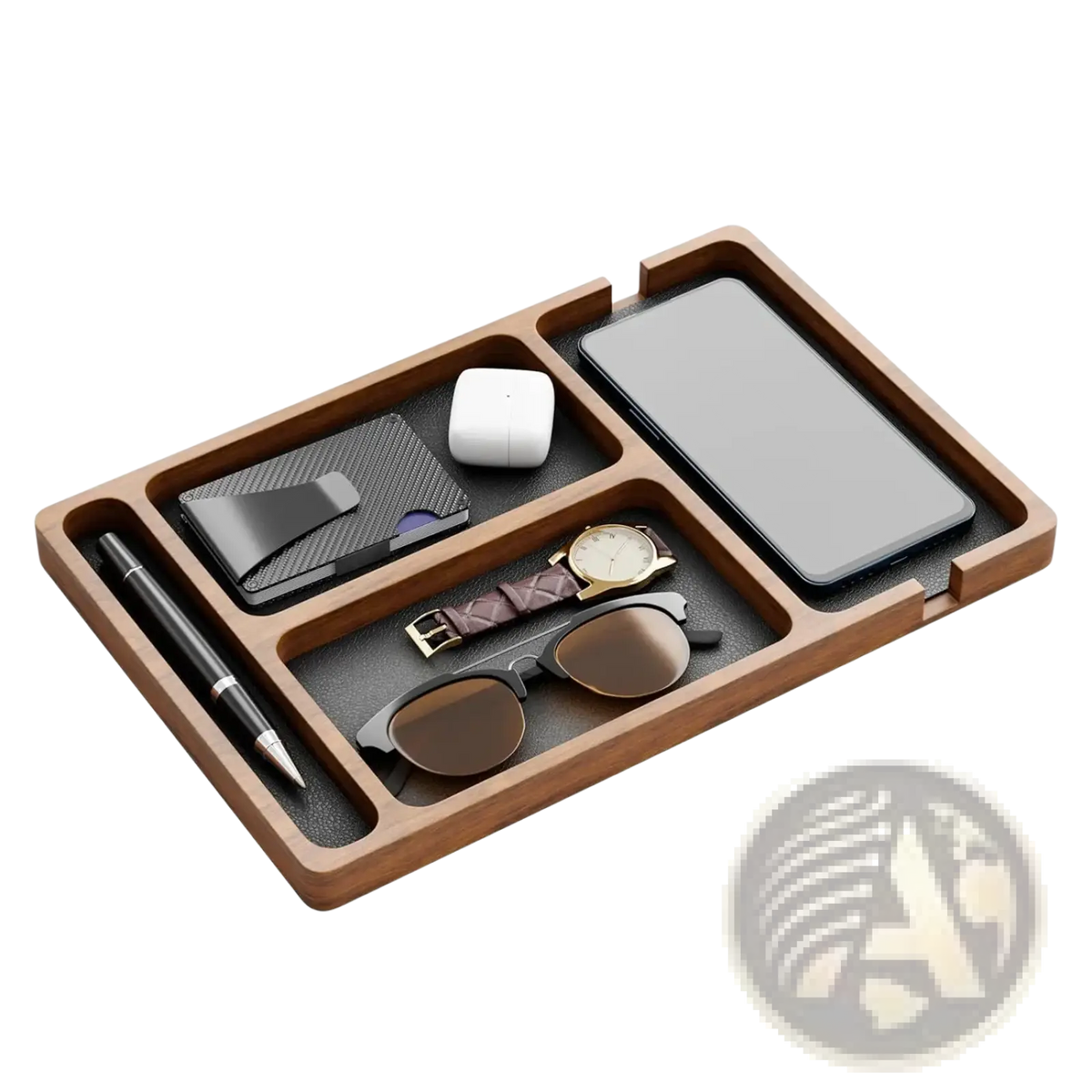 Brown wooden desktop charging organizer tray with segmented compartments holding various personal items